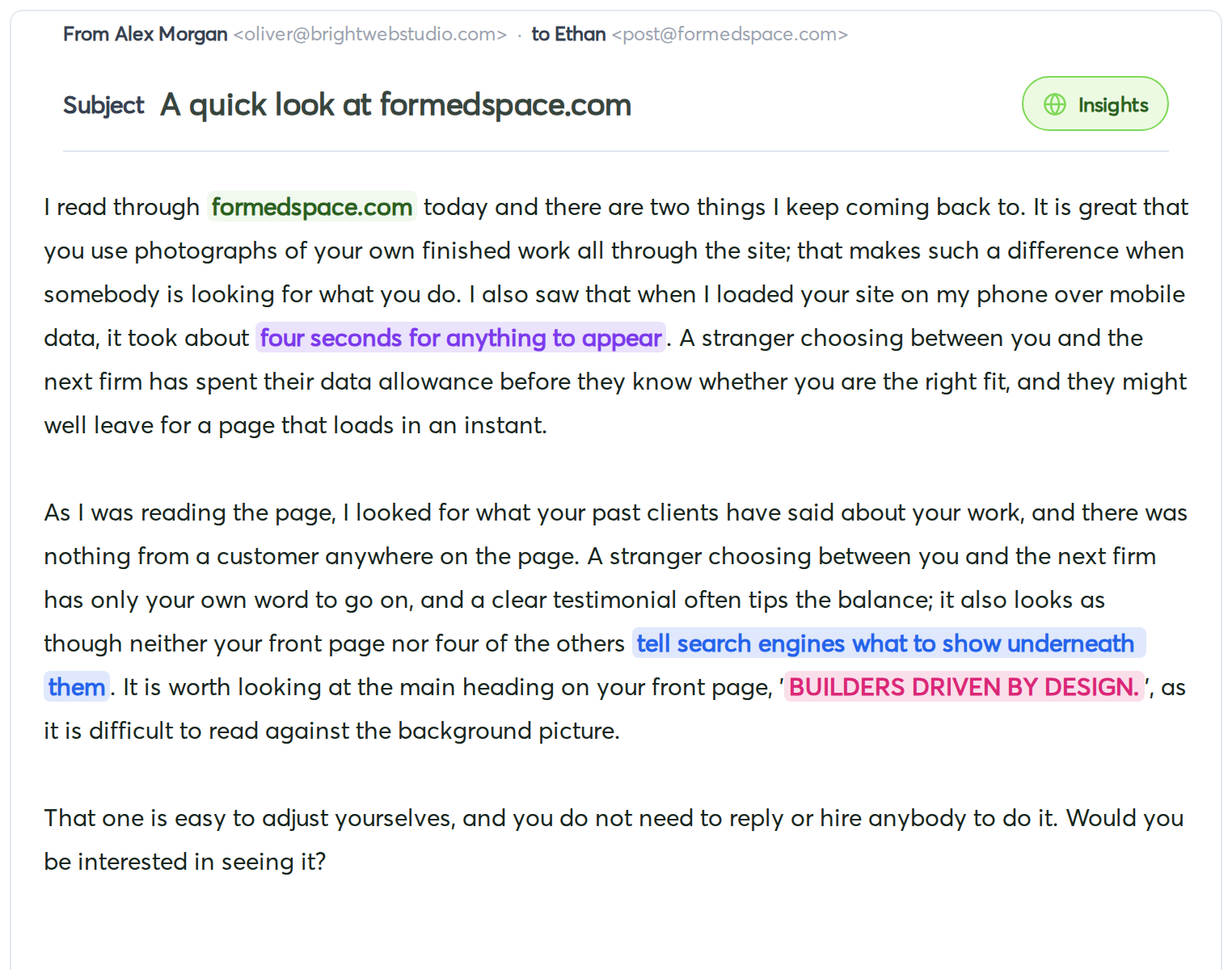 The written letter with the Insights globe on — each part highlighted by category: their site in green, speed in purple, SEO in blue, design in pink