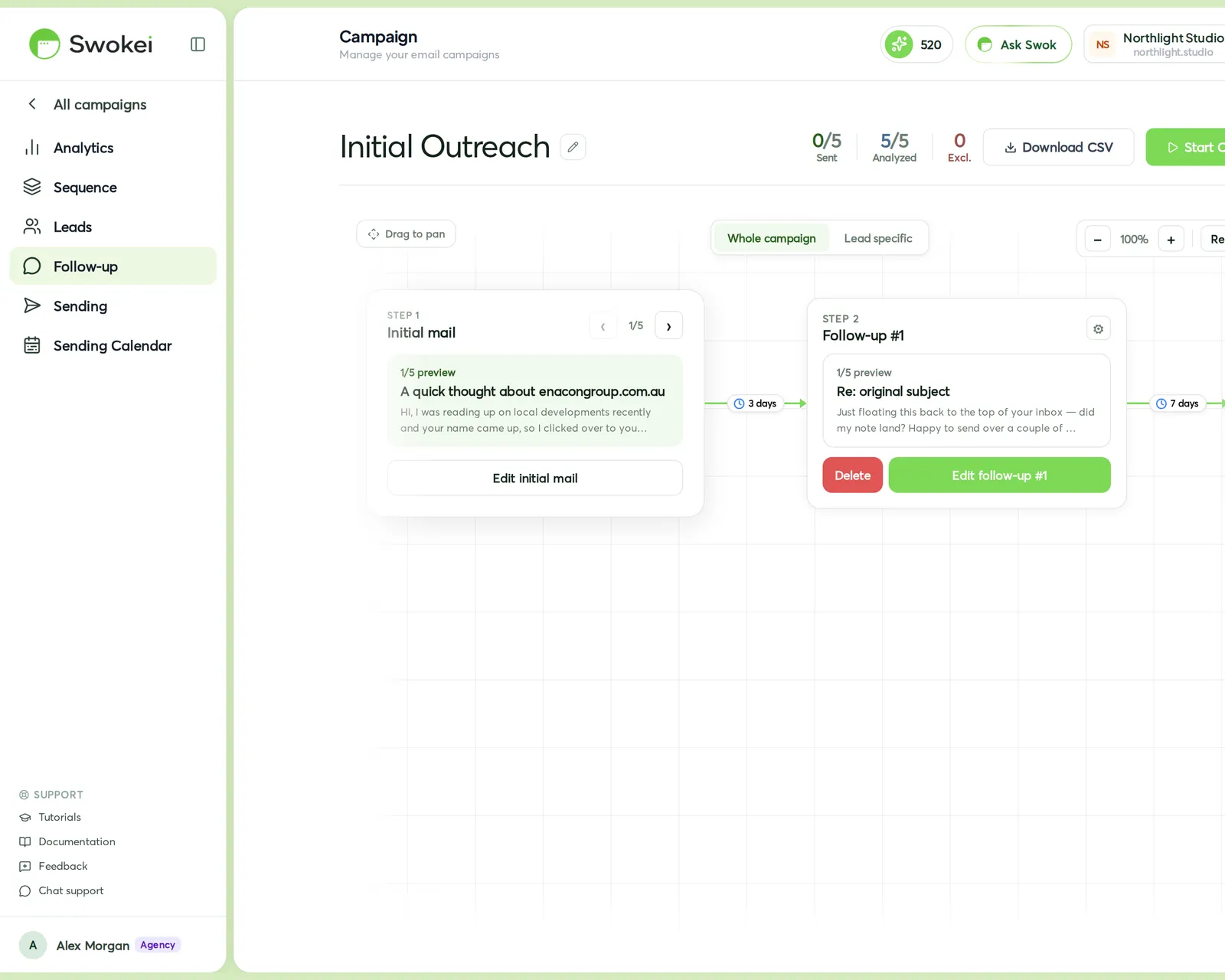 The Follow-ups tab of a campaign — steps with delays and subjects, and pause-on-reply set