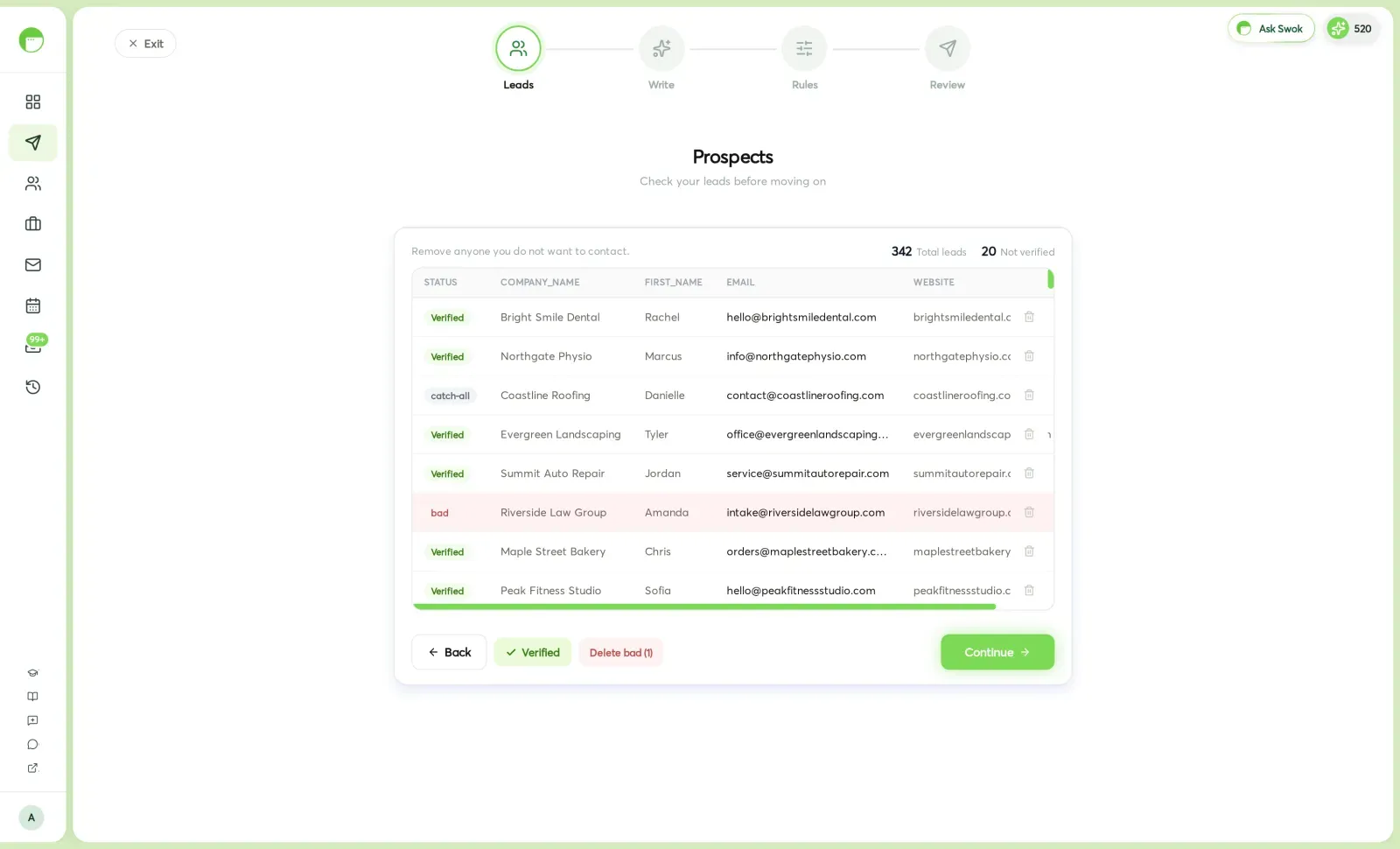 Swokei's mail verifier — every prospect's address checked, with a free verification pass before the campaign sends