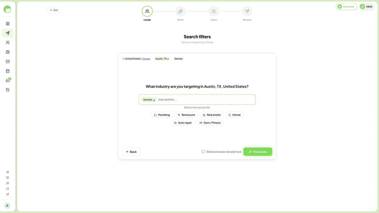 Swokei lead finder: Austin, Texas selected and the dentist industry chosen, ready to search for local businesses.